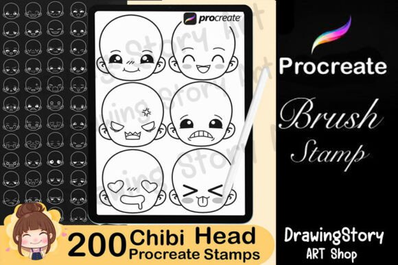 200 Procreate Chibi Head Stamps for Creative Digital Art