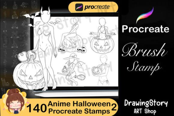 Enhancing Your Halloween Art Projects with 140 Procreate Anime Halloween Stamps2